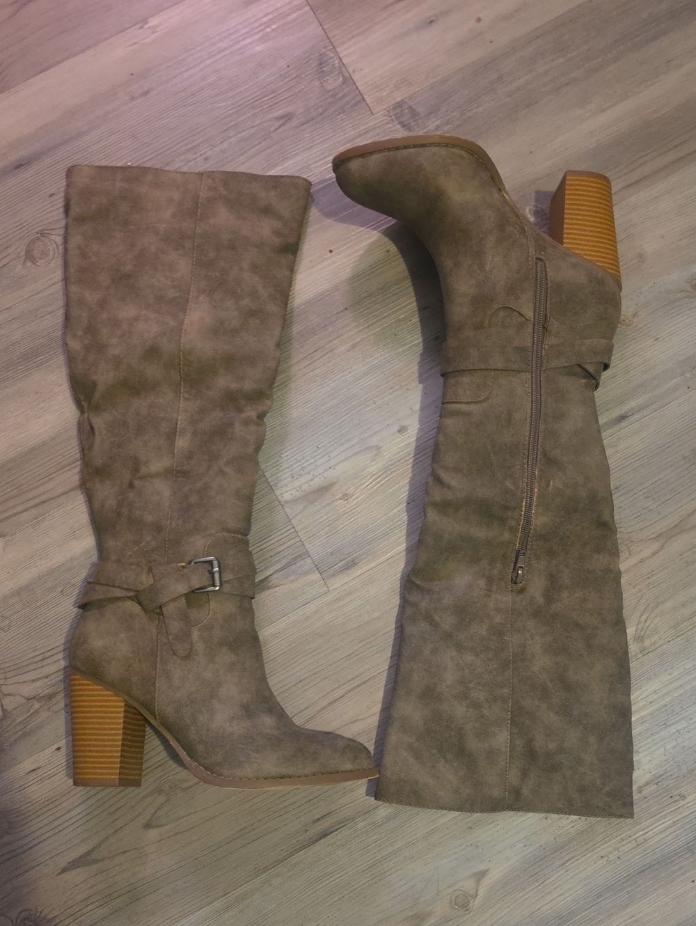 Tall Suede Taupe Knee-High Block Heel Boots